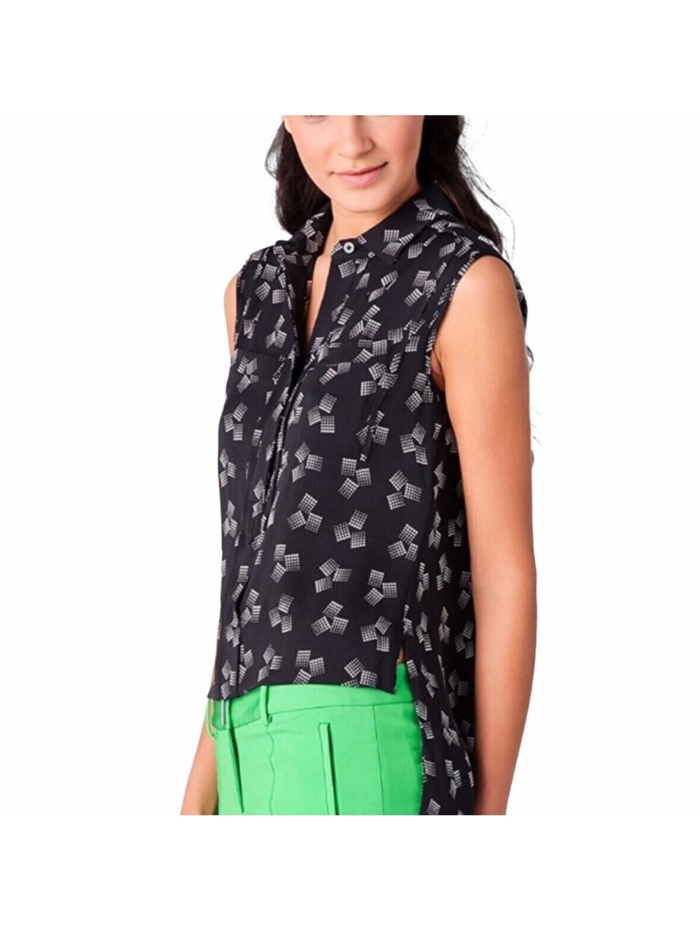 DIANE VON FURSTENBERG Silk Lensley Dancing Dots Sleeveless Hi-Low Top in Black-4